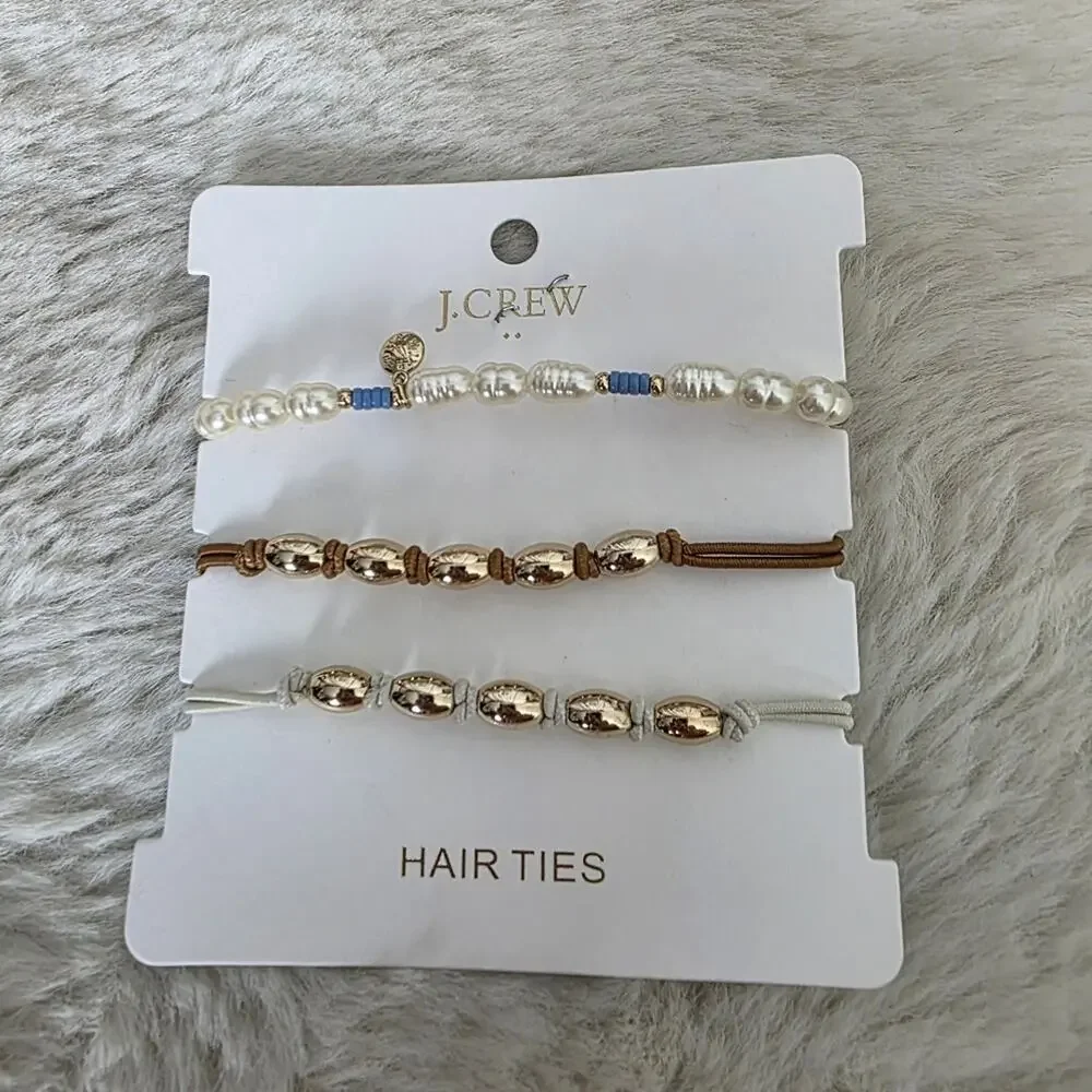 J. Crew Pearl and Metallic Beaded Hair Ties 3-Pack Gold Brass Scrunchies NWT